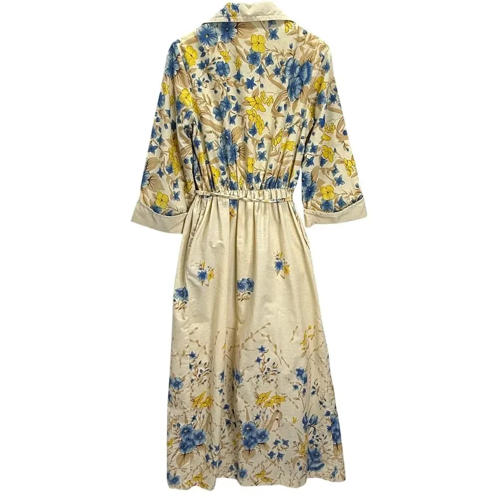 Vintage The Great Entertainers Sears Dress 70s Floral Belt Beige Size S Button - Picture 2 of 8